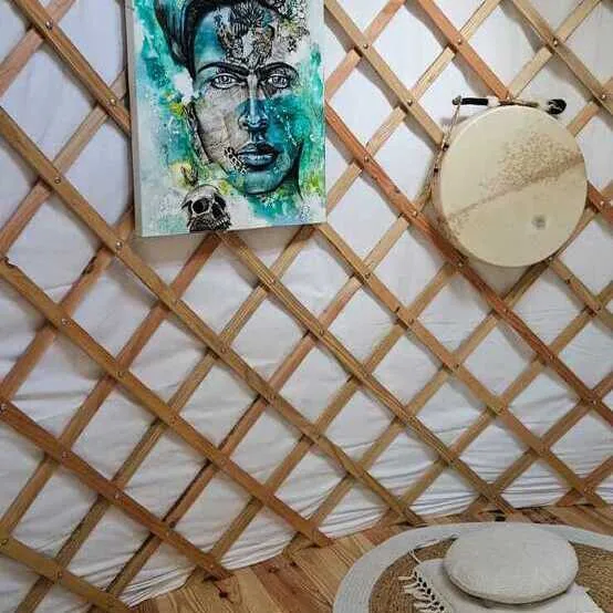Partie yourte Photo d'une partie de la yourte : on y voit un coussin au sol, un tambour accroché au mur ainsi qu'une toile dans les tons verts/ bleus composée d'un visage de femme au centre